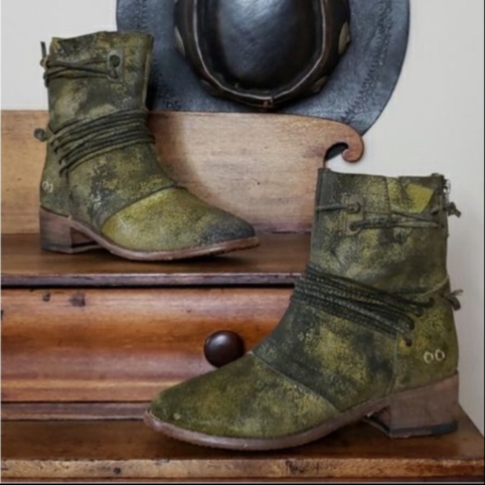 BED STU Boots EVERETT Haze Sailor Khaki Green Gold Suede Leather Back Zip Size 8
